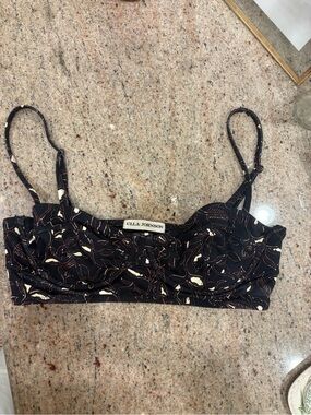 Ulla Johnson Black Floral Print Bikini Top with Cream Accents